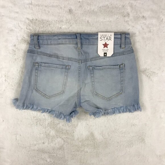 VANILLA STAR Distressed Light Blue Embroidered Pocket Hi-Low Jean Shorts 11 - Picture 8 of 8